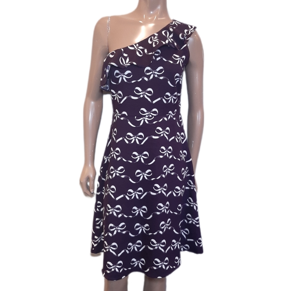 Banana Republic One Shoulder Dress Bow Print Ruffled Flounce Fit Flare Purple